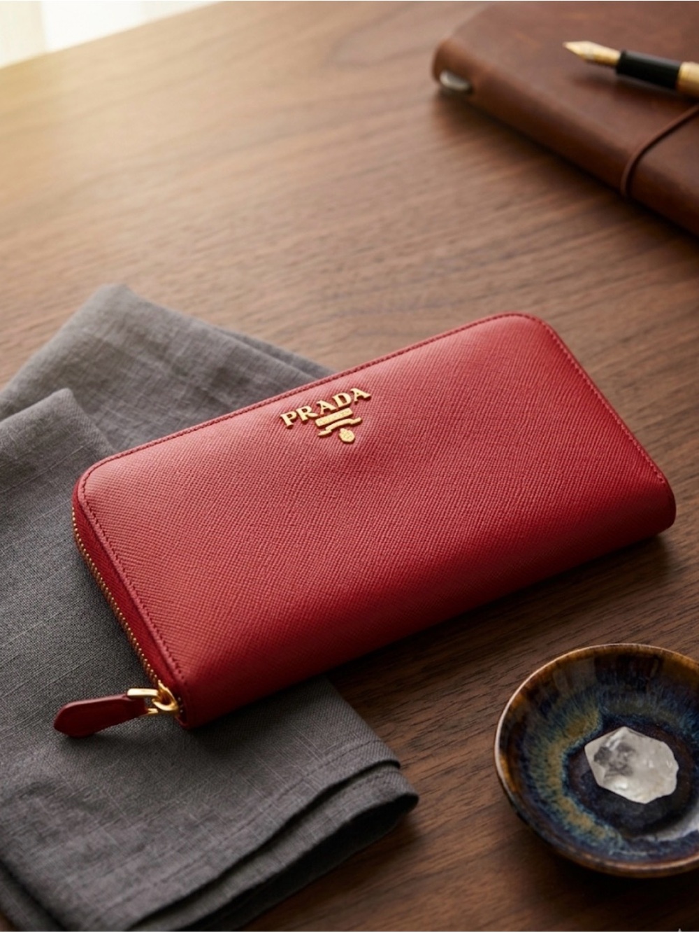 Prada Saffiano Zip Around Wallet in Red with Gold Logo EUC 💯 Authentic